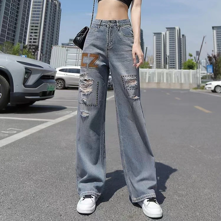 夏天高腰薄款牛仔裤钉珠破洞拖地裤复古百搭阔腿裤宽松垂感长裤女
