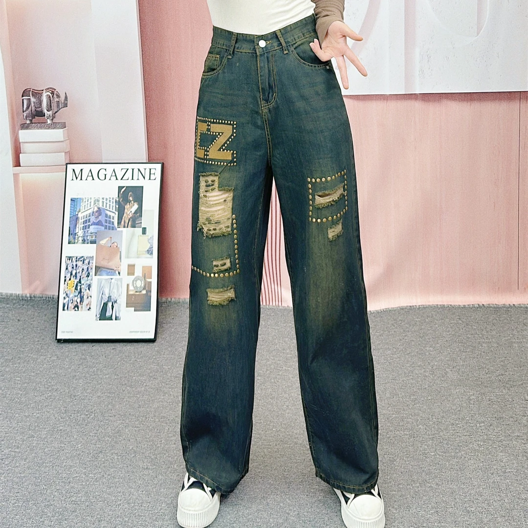 破洞贴布牛仔裤女2023夏秋高街宽松显瘦水泥灰色窄版阔腿裤长裤软