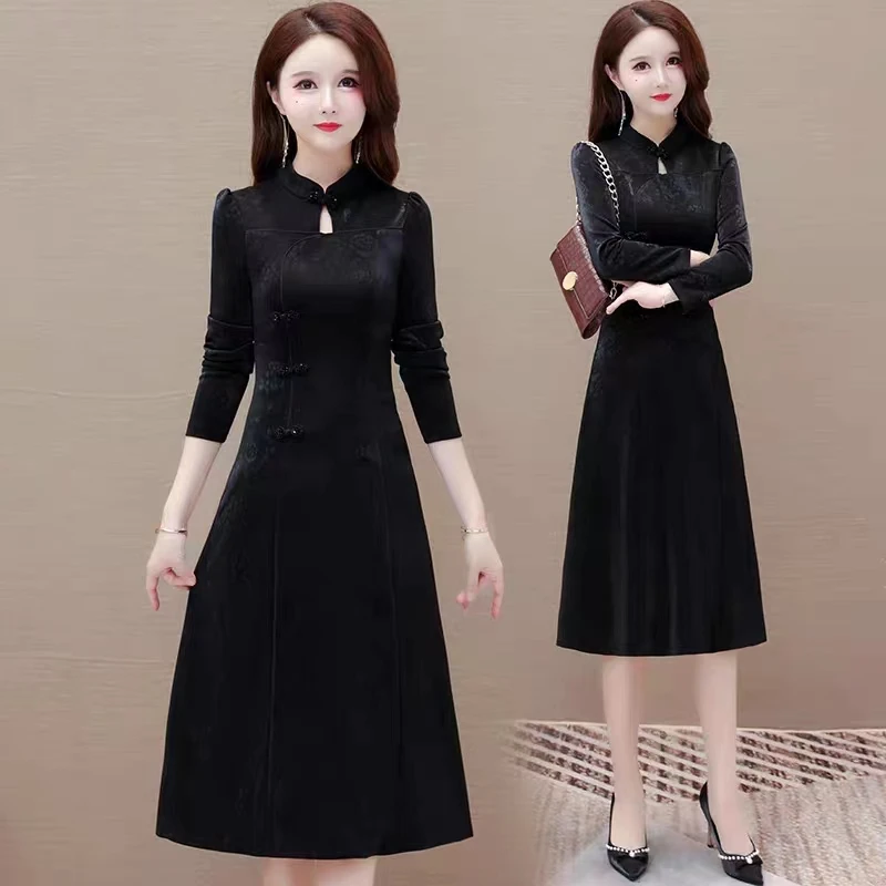 K025气质长袖连衣裙女高档妈妈显瘦时尚秋冬改良旗袍裙子