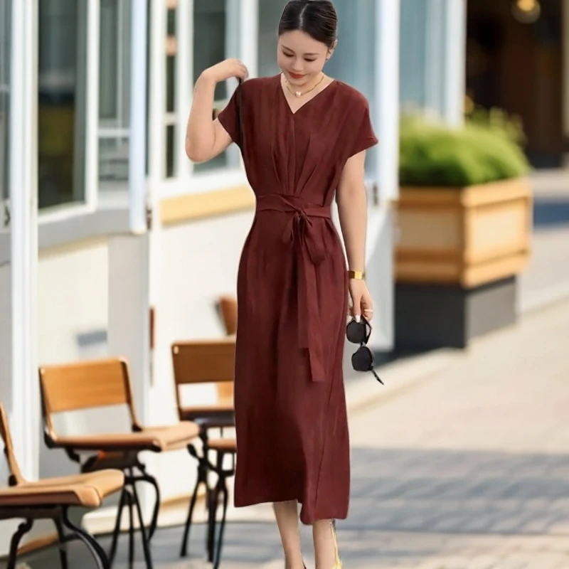 时尚气质V领红色连衣裙2025夏季新款别致雪纺衬衫女款2025款时尚
