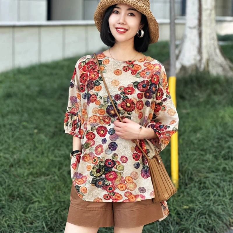 2024夏季新款设计感气质印花洋气百搭ins显瘦碎花时尚妈妈上衣女