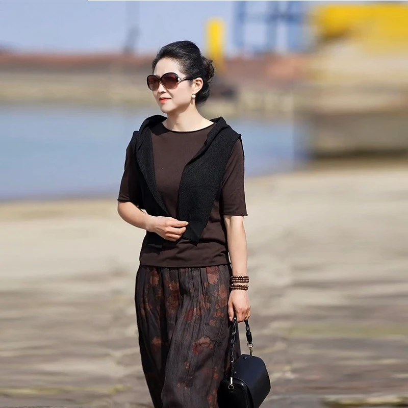 2024夏季新款宽松植物花卉半身裙百搭长裙纯色薄款针织衫上衣套装