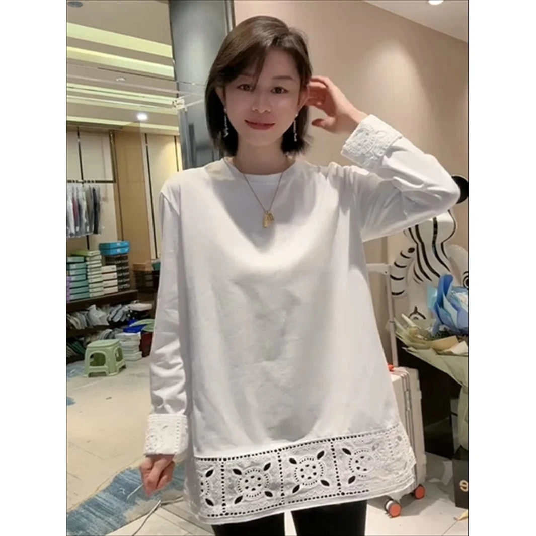 2025秋冬新款镂空圆领刺绣宽松大版长袖t恤女中长款打底衫女内搭