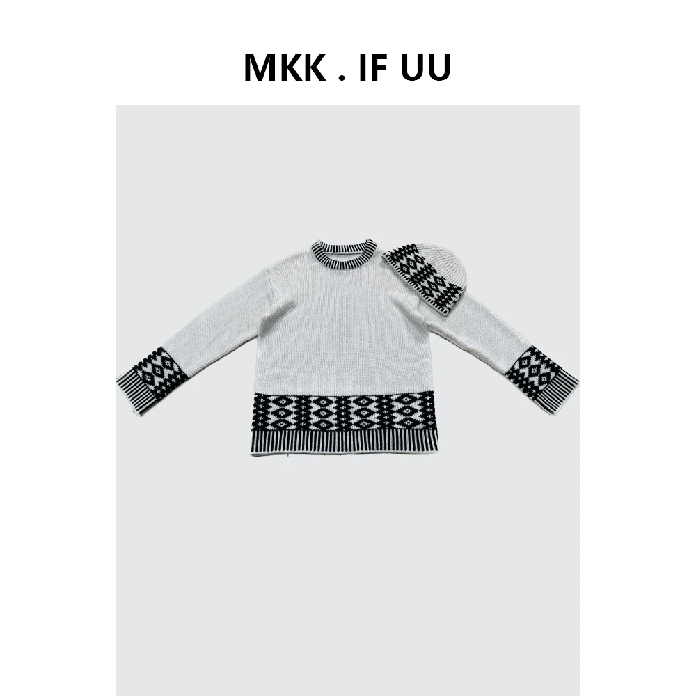 KEKE 推荐 潮牌复古拼色手打套头毛衫宽松秋冬棋盘格提花百搭