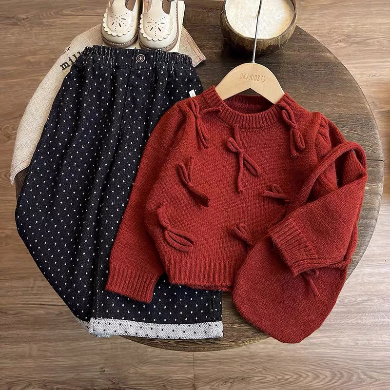 女童秋装2024新款儿童毛衣秋季女宝宝红色针织打底衫春秋上衣秋冬