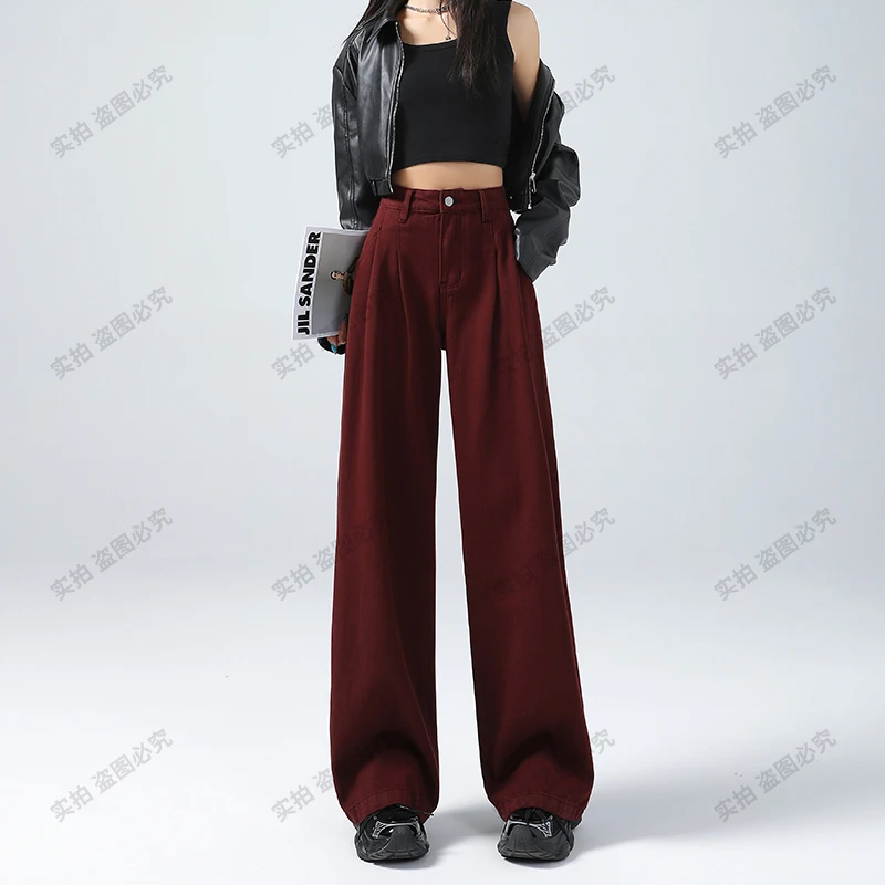 安可拉红阔腿牛仔裤女2024秋冬新款小众褶皱宽松高腰垂感拖地长裤
