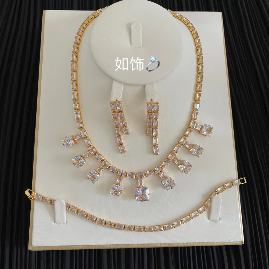 铜合金仿水晶项链 如饰 新款流苏三件套套装欧美轻奢气质饰品