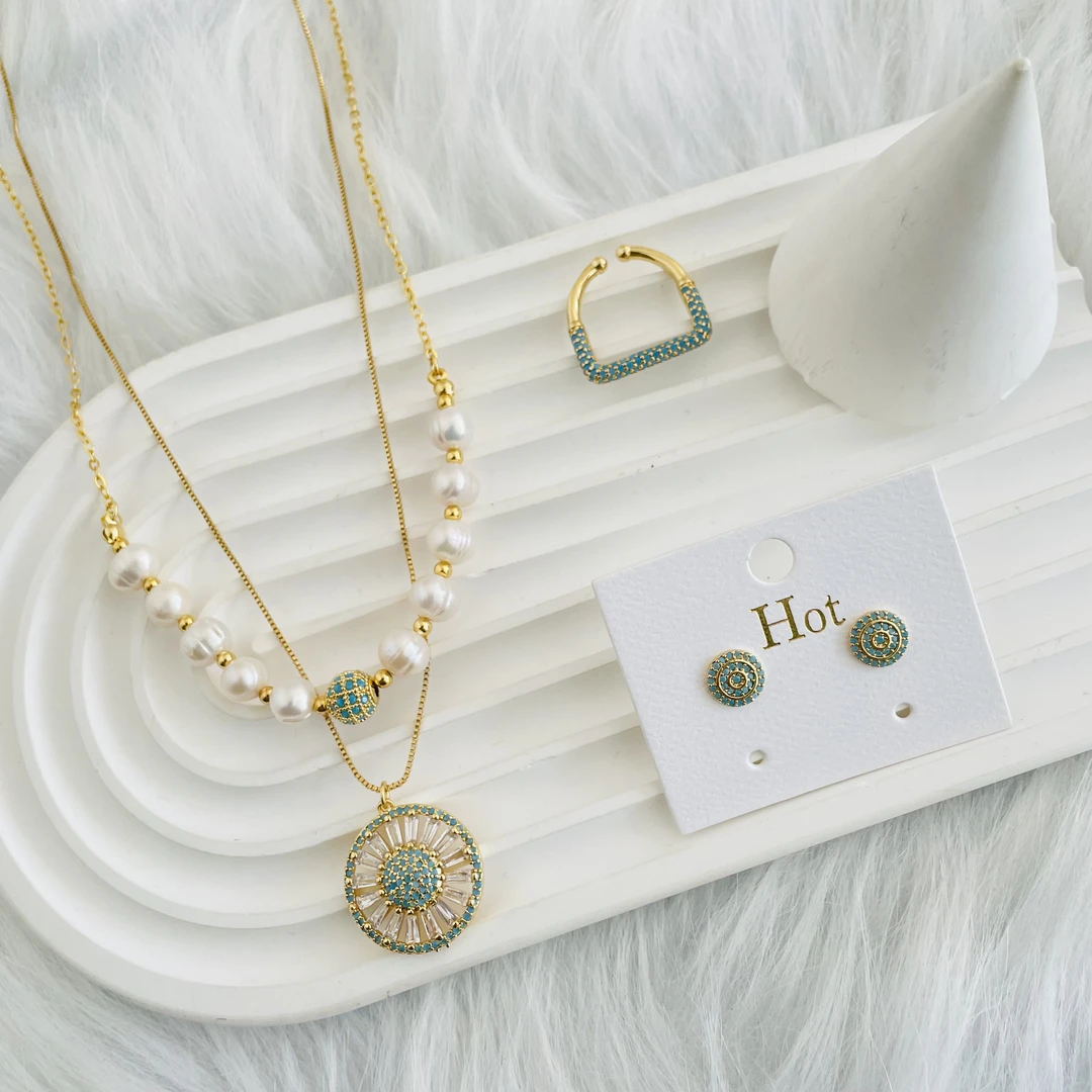 钛钢仿珍珠项链 如饰 圆形透亮吊坠双层叠戴链手工三件套绿色百搭