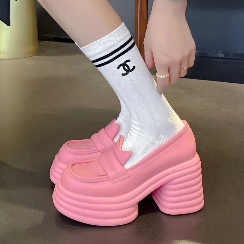 春夏季10cm浅口防水高跟单鞋厚底坡跟显瘦百搭粗跟低帮圆头小皮鞋