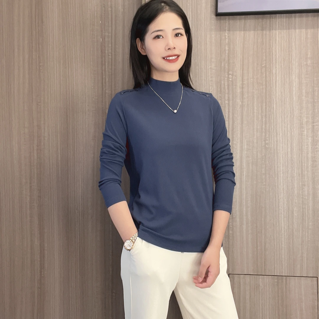 金六指法式细螺纹秋季新款半高领长袖百搭街头简约打底衫