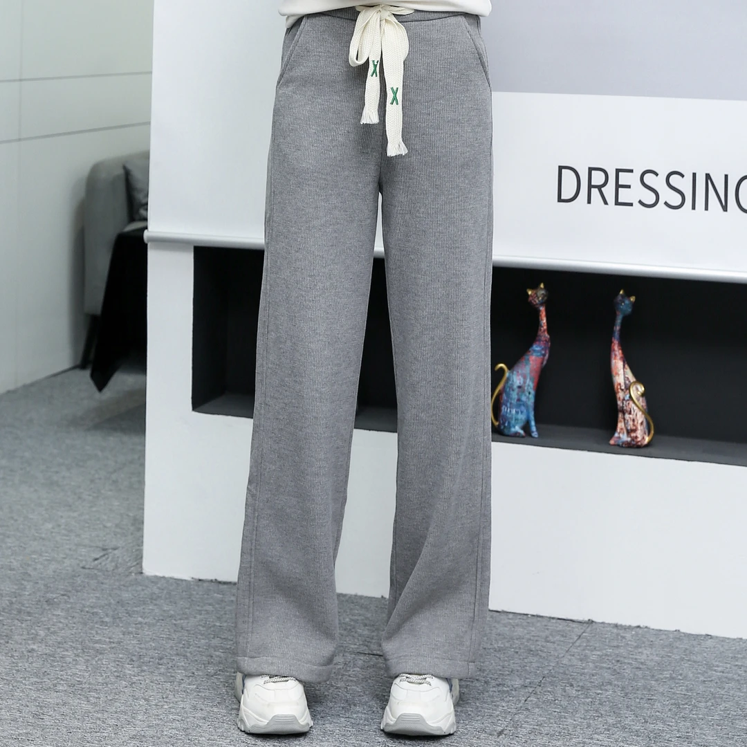 金六指冬季宽松舒适阔腿裤白色百搭加厚加绒条纹高腰垂坠感直筒裤