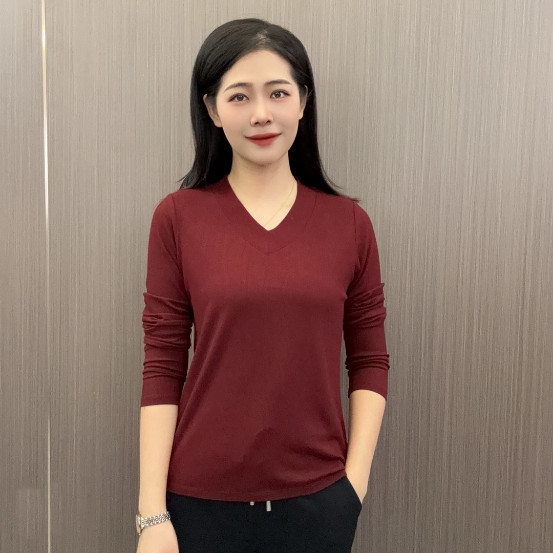 金六指春季时尚休闲百搭纯色V领简约显瘦女士长袖T恤打底衫春秋
