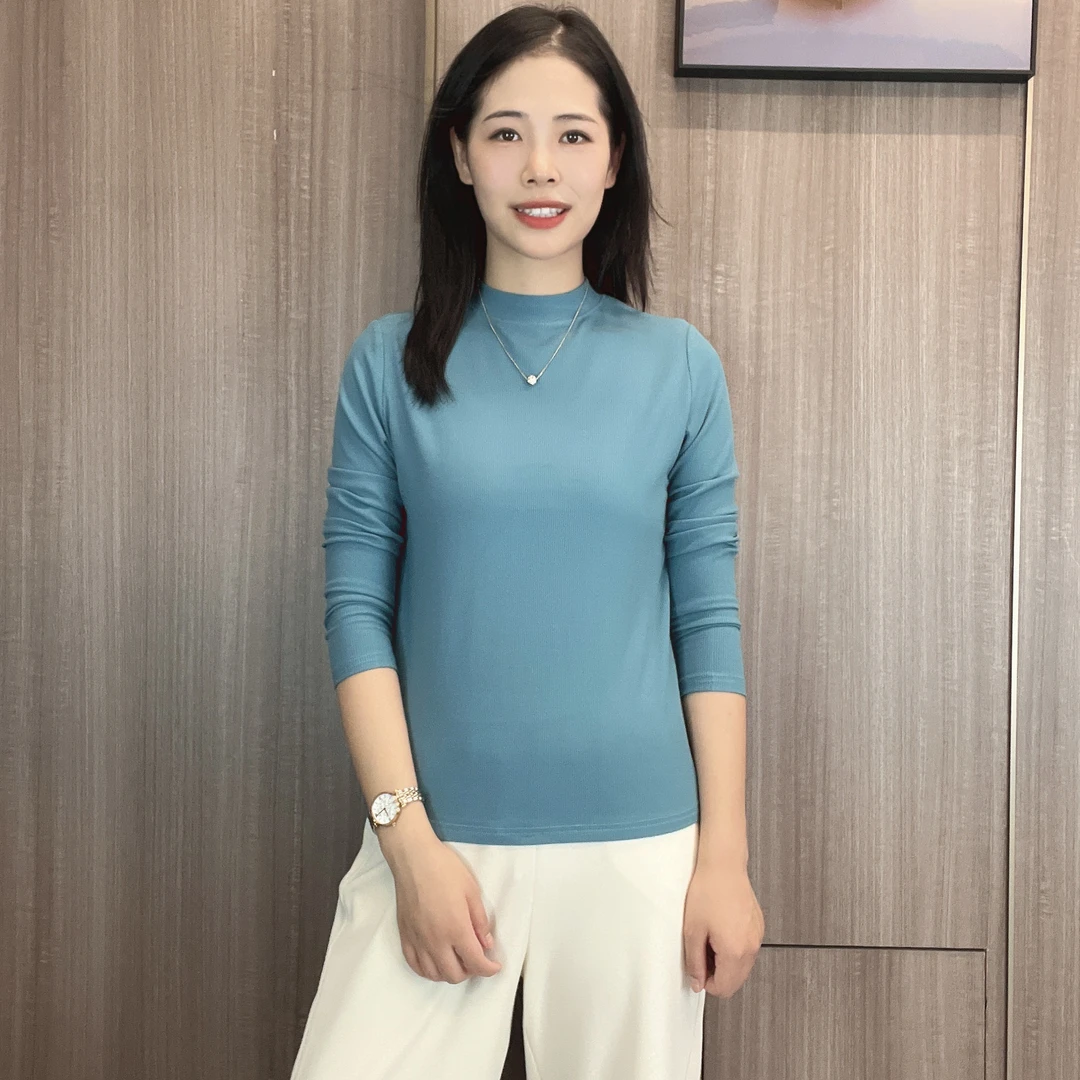 金六指秋季时尚法式细螺纹小立领长袖百搭套头T恤时尚打底衫休闲