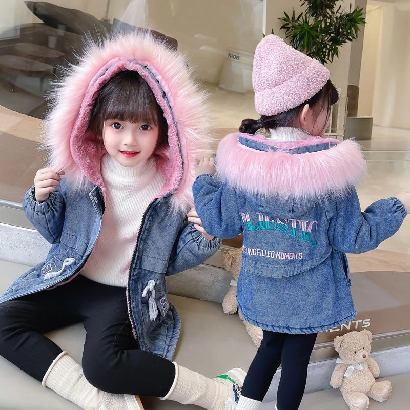 女童牛仔衣宽松外穿外套2024新款儿童加绒加厚夹棉宝宝毛领派克服