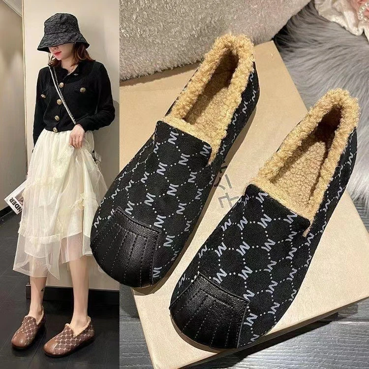 加绒豆豆鞋女冬季新款时尚保暖加厚一脚蹬休闲棉鞋毛毛鞋Y39J20