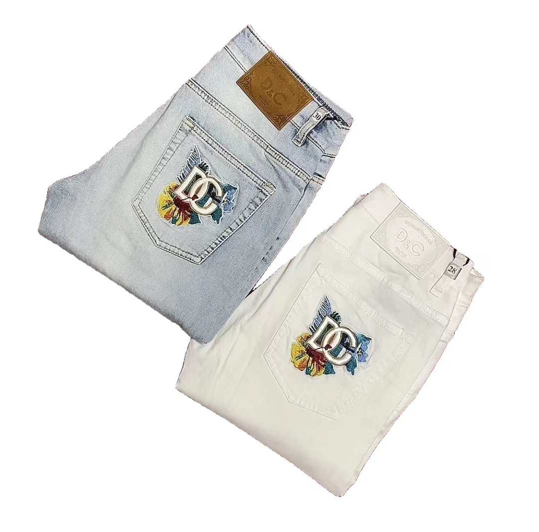 男士春夏薄款弹力修身小直筒经典绣花时尚牛仔裤（高端时尚潮流）