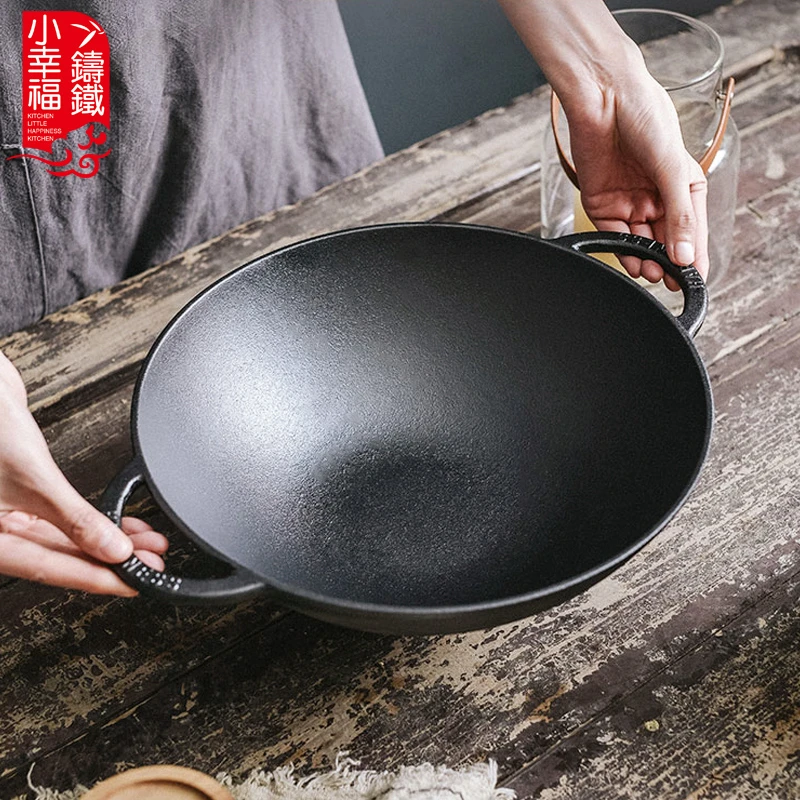 30cm圆耳炒锅铸铁家用传统加厚生铁锅无涂层物理不粘锅