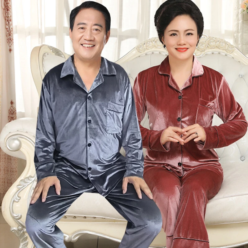 情侣睡衣金丝绒女士春秋长袖中老年妈妈老人薄绒套装开衫家居服冬