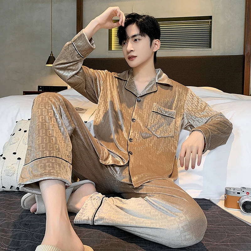 高档睡衣男士秋冬季长袖金丝绒爸爸加厚青年加大码保暖套装家居服