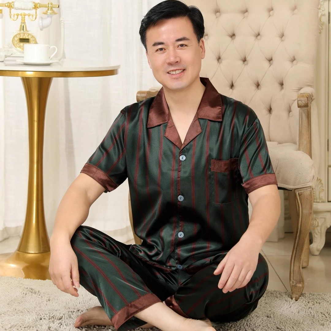 高档睡衣男士中年夏季短袖长裤夏天加大码爸爸冰丝薄款宽松家居服