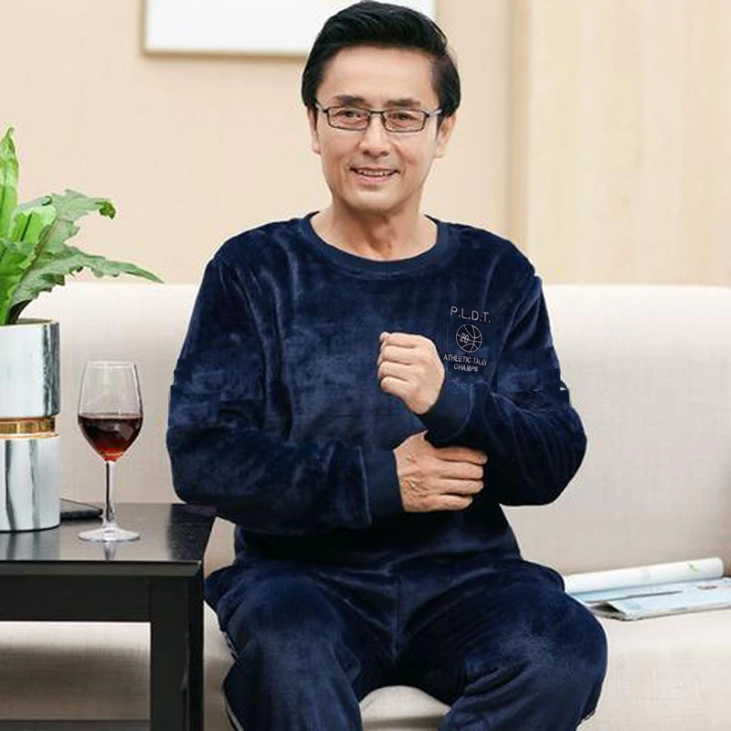 睡衣男士法兰绒秋冬款冬季中老年人爸爸珊瑚绒加绒加厚家居服套装