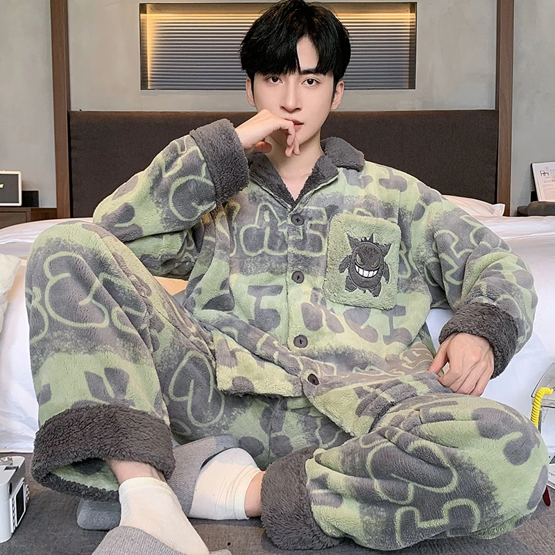 青少年睡衣男士冬季卡通加绒加厚珊瑚绒初中学生法兰绒家居服套装