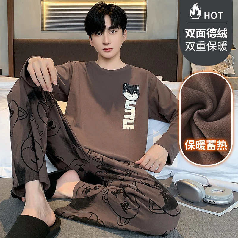 睡衣男士秋冬季德绒长袖青少年卡通珊瑚绒加厚大童学生家居服套装