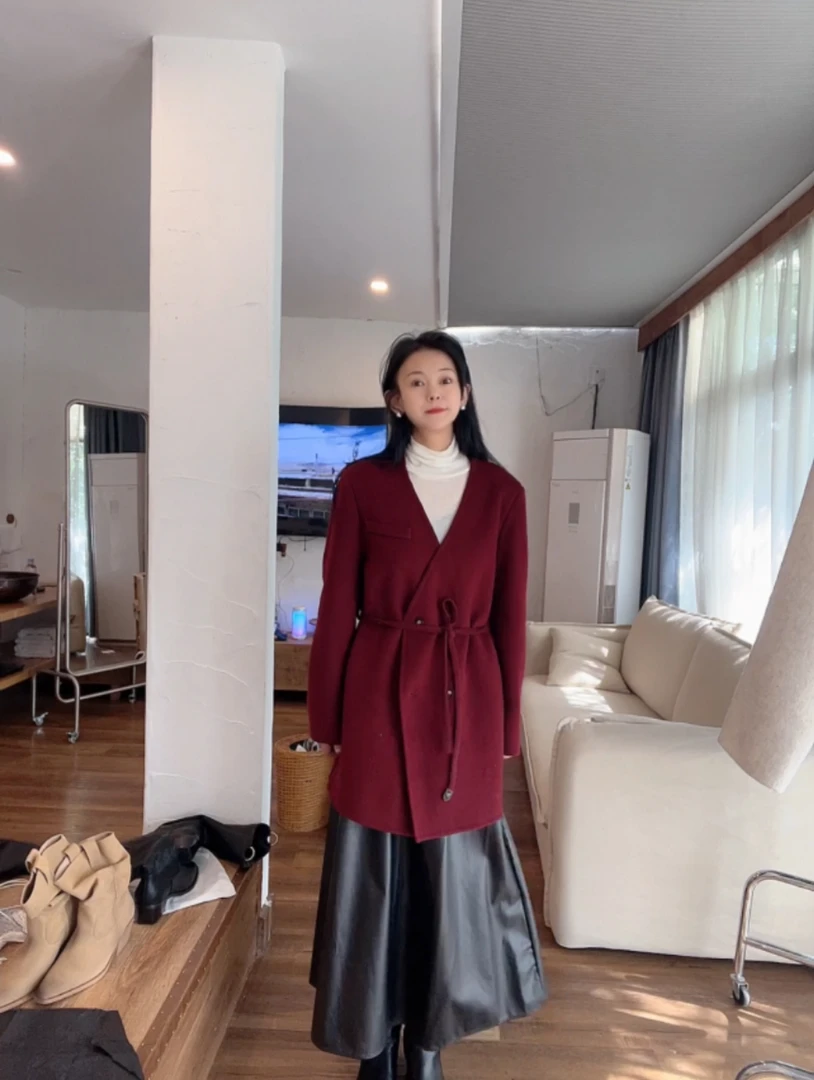 52 嘉 秋冬双面呢大衣V领抽绳收腰毛呢外套时尚百搭显瘦