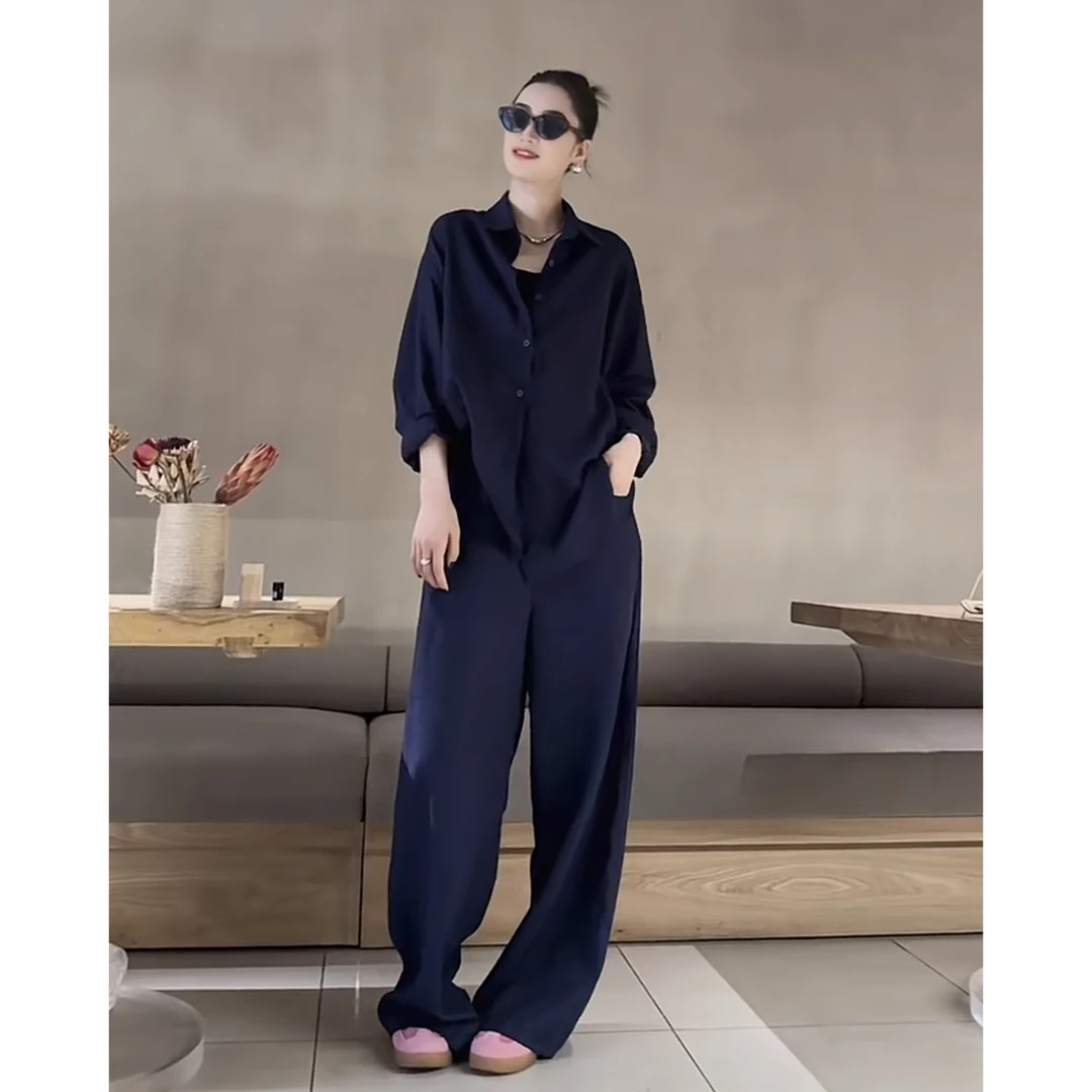 老钱风时尚套装女藏蓝色慵懒宽松衬衫+阔腿休闲裤显瘦减龄两件套