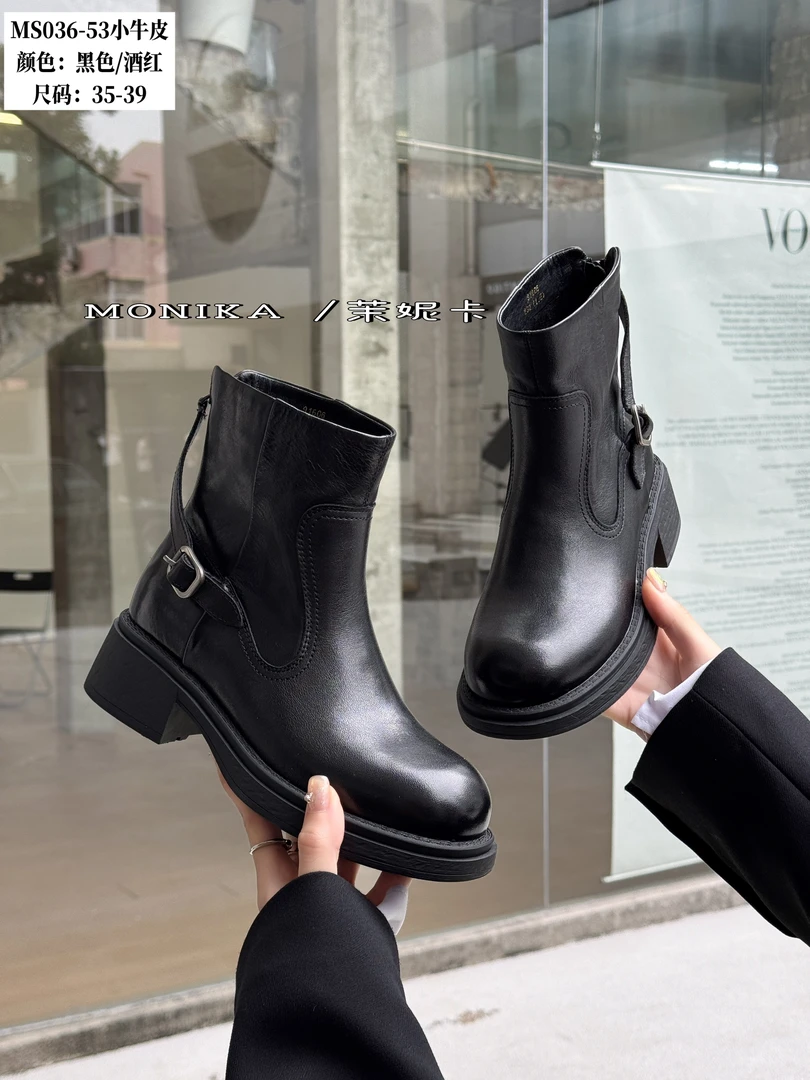 茉妮卡头层牛皮法式马丁靴女短靴后拉链粗跟烟筒靴秋冬新款