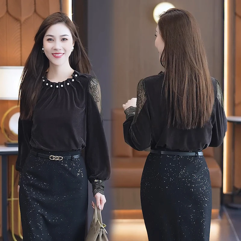 金丝绒上衣女长袖T恤2025秋季新款时尚高级感蕾丝拼接洋气打底衫