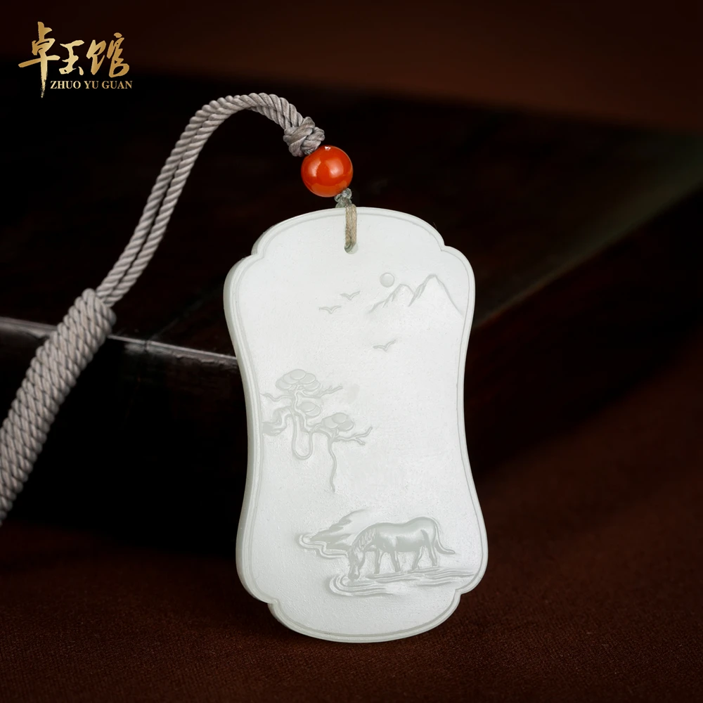 【卓玉馆】闲驹探春图 和田山水挂件吊牌 李卓作品