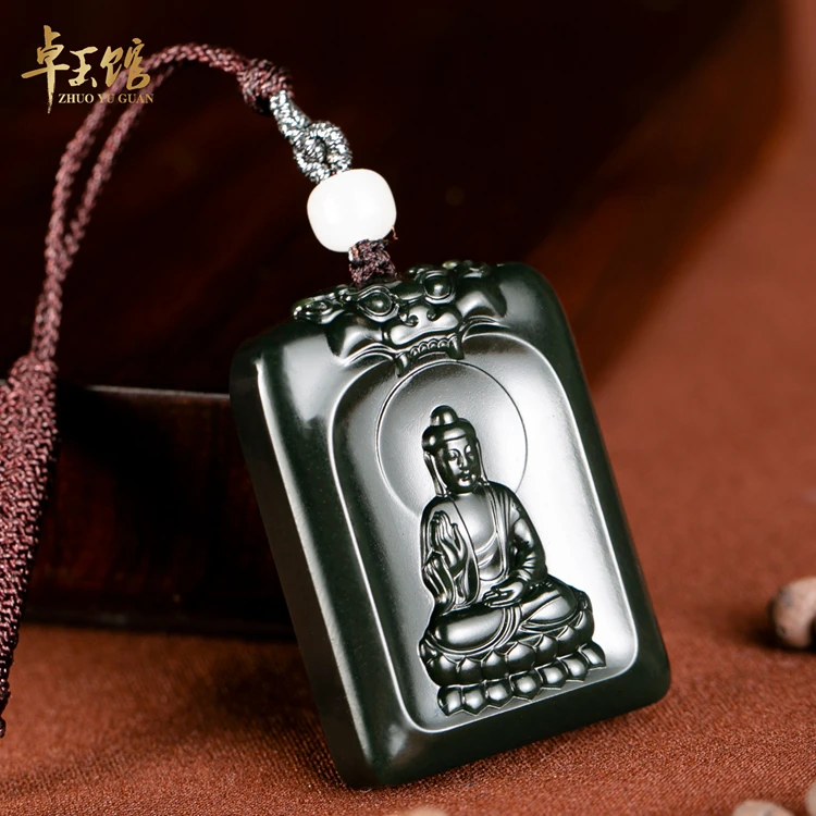 【卓玉馆】佛佑 青海黑青一细料阿弥陀佛挂件方牌 李卓作品