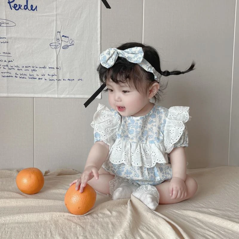 韩版ins风婴幼儿夏季短袖包屁衣女宝宝公主风小兰花拼接蕾丝哈衣