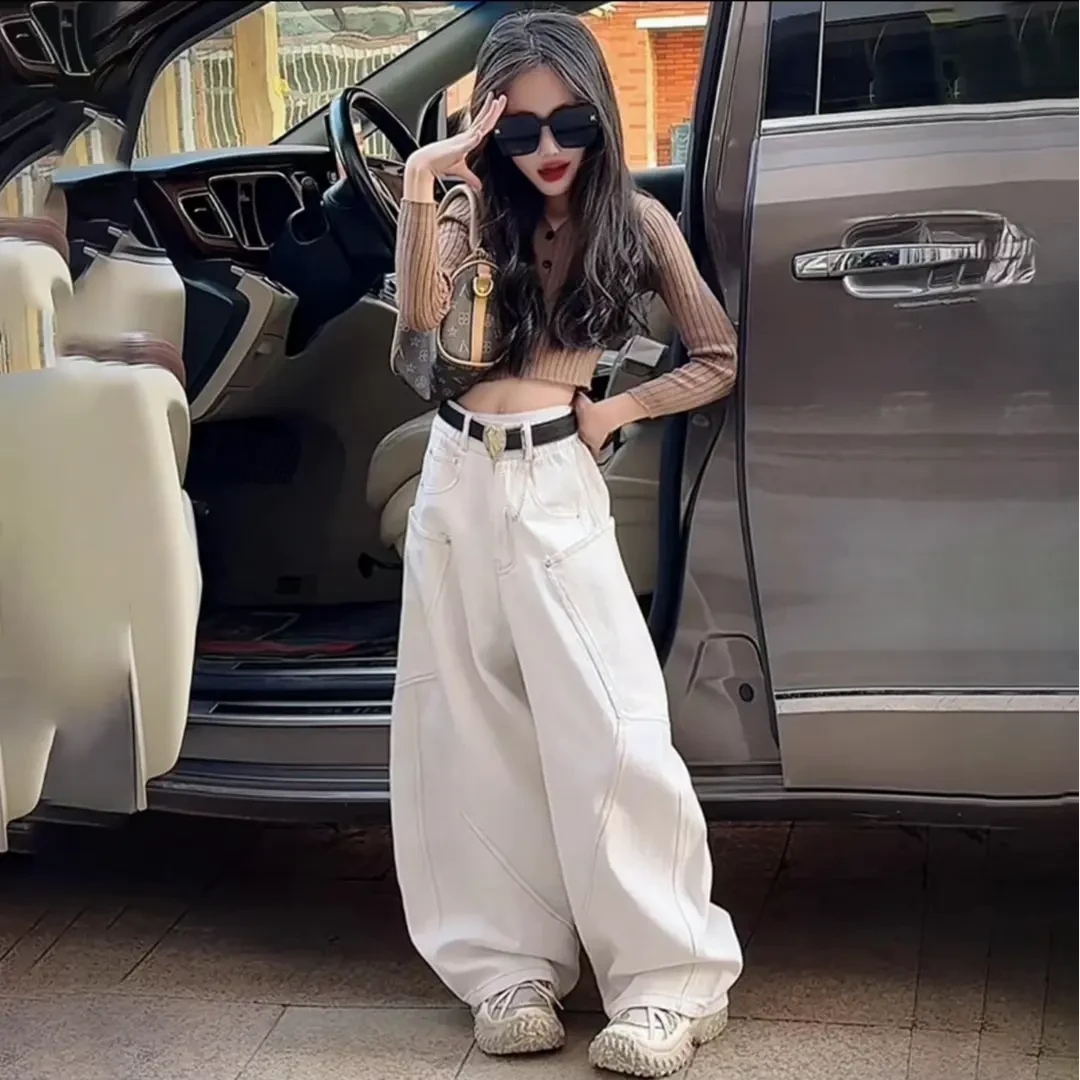 女童秋季时髦炸街白色牛仔裤中大童韩版洋气弯刀裤时尚女孩阔腿裤