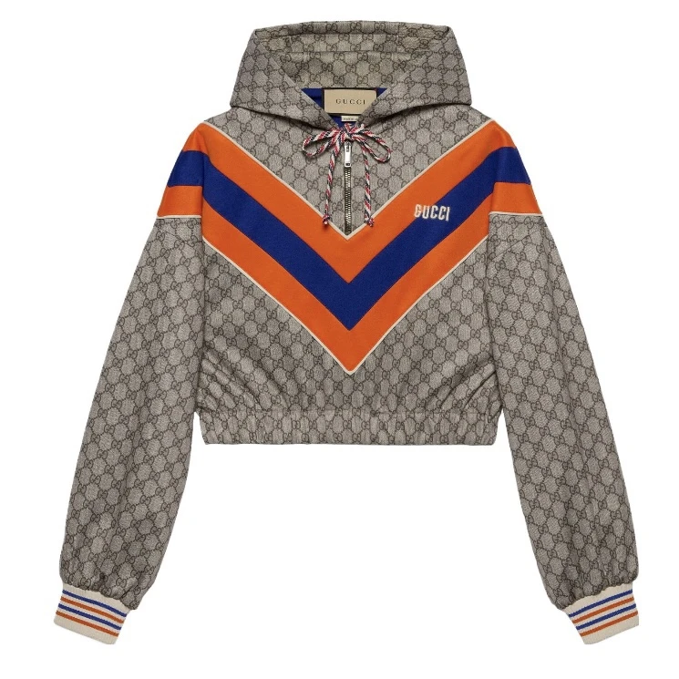 全新未使用 GUCCI/古驰 短款条纹拼接连帽卫衣