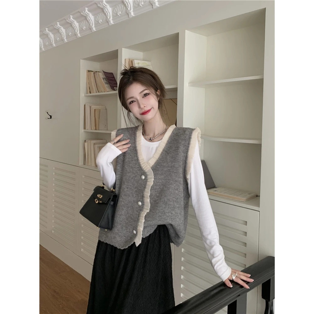 设计感马甲针织开衫毛衣外套女秋冬季宽松慵懒风打底马夹上衣百搭