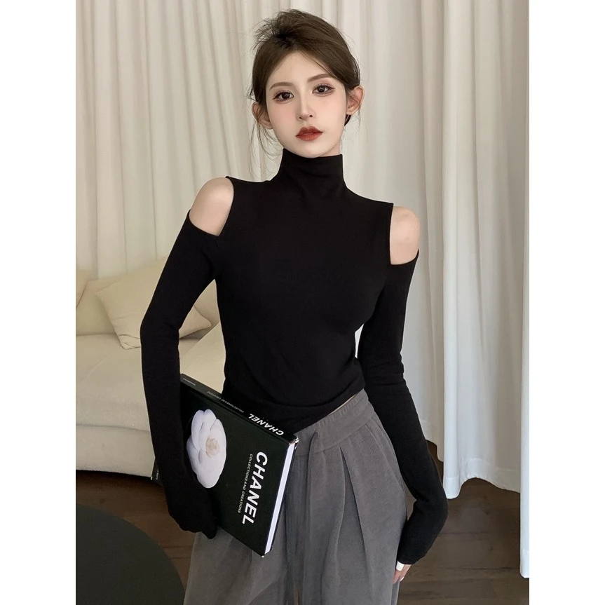 纯欲露肩长袖针织衫毛衣女秋冬半高领洋气质显瘦内搭打底上衣百搭