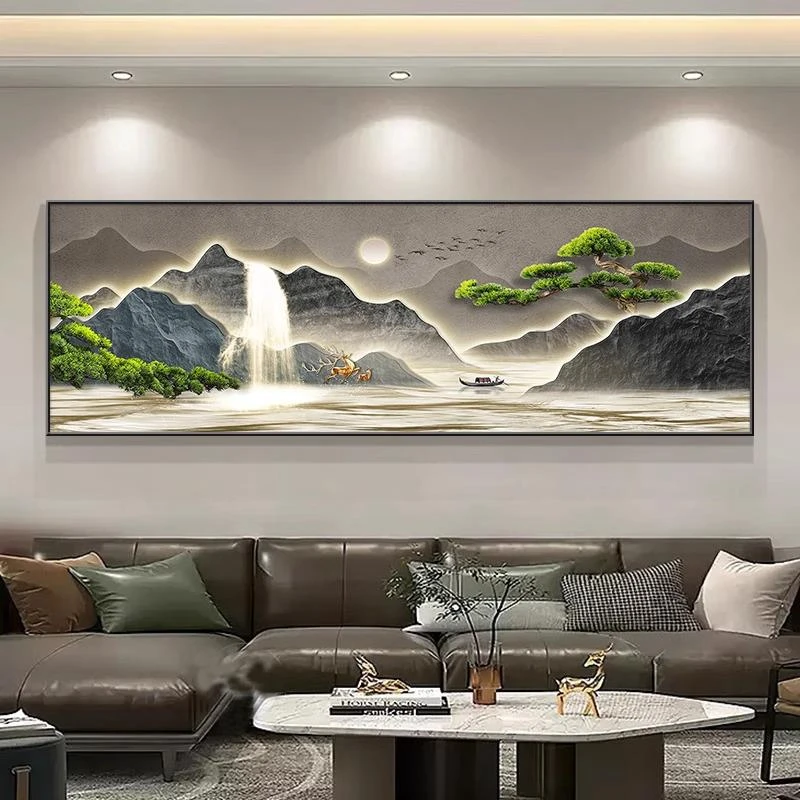背有靠山沙发背景客厅沙发装饰画山水画挂画鸿运当头客厅挂画