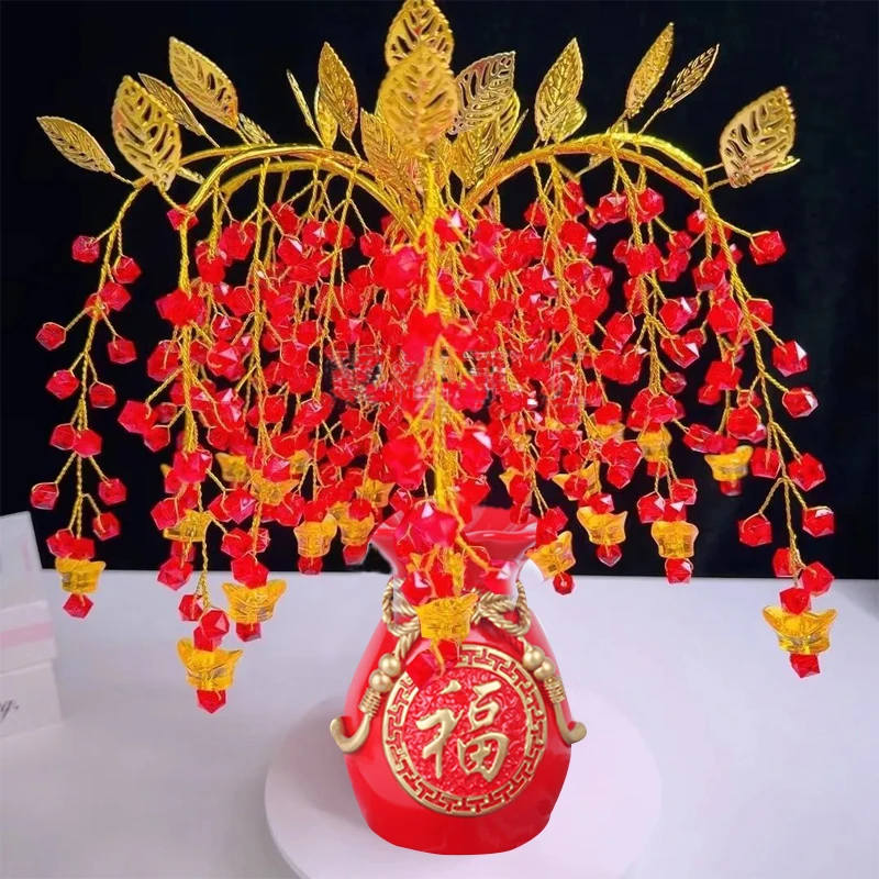 新款摇钱树材料包diy手工串珠红果果发财树散珠教程家居开业摆件