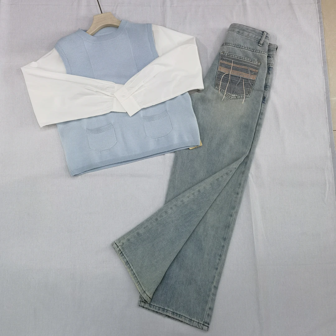 春款牛仔裤宽腿做旧高腰柔软舒适百搭时尚针织流苏