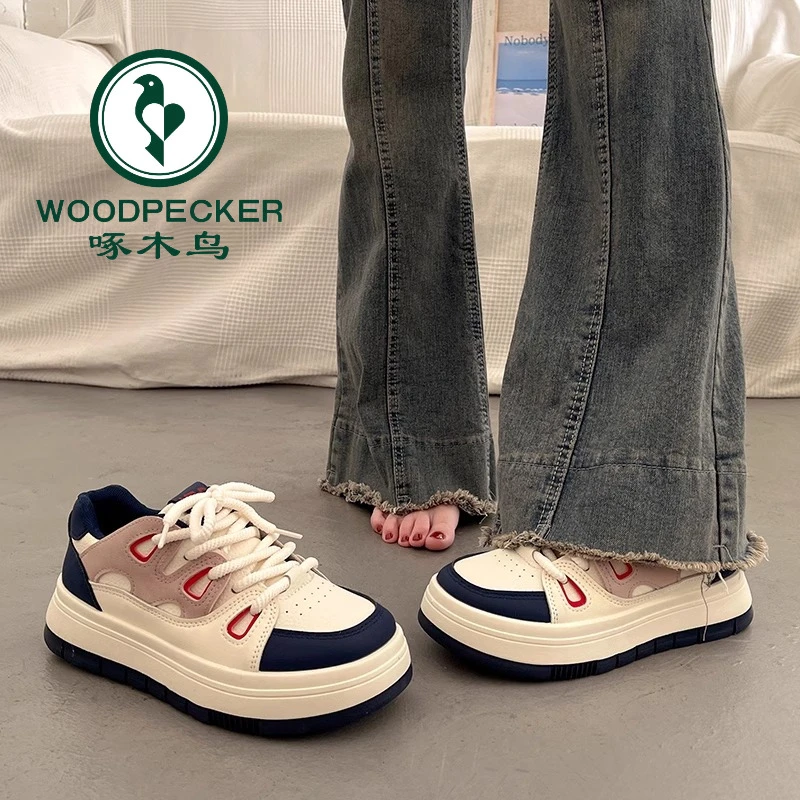 啄木鸟爆款德训厚底板鞋女秋季百搭小白鞋2024新款韩系休闲运动鞋