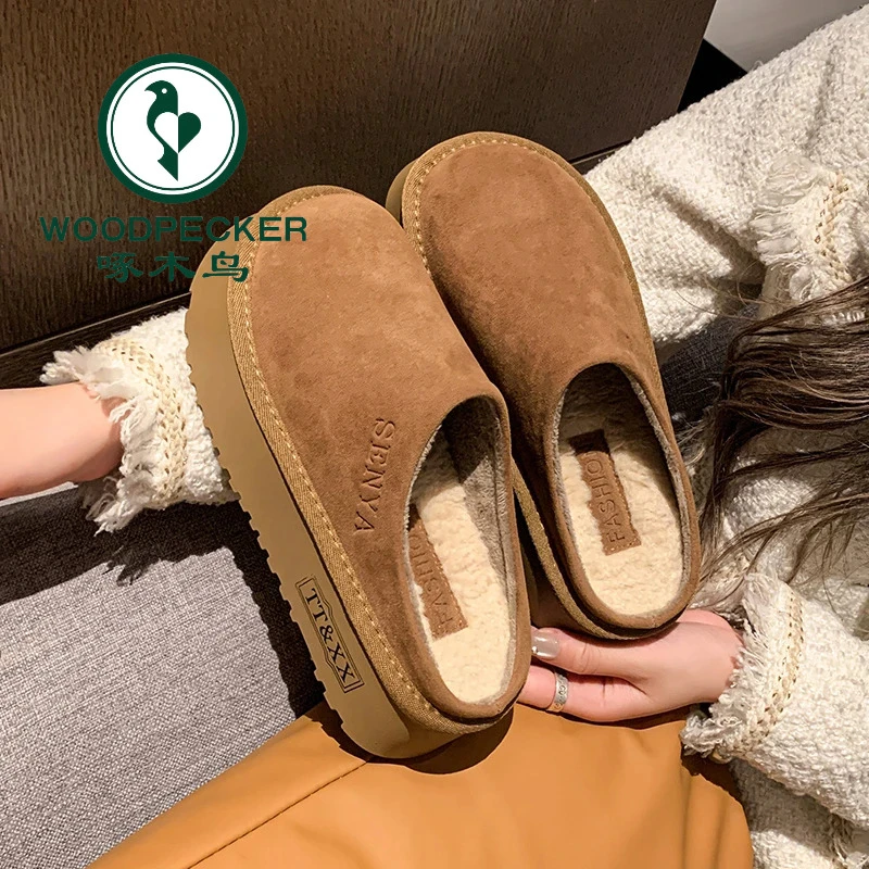 啄木鸟复古加绒包头半拖鞋女百搭冬新款外穿舒适保暖一脚蹬勃肯鞋