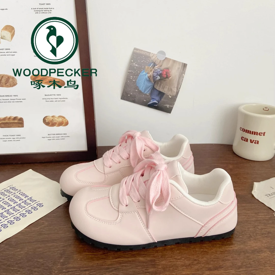 啄木鸟粉色德训板鞋女丑萌春季新款小众百搭学生大头阿甘小白鞋潮