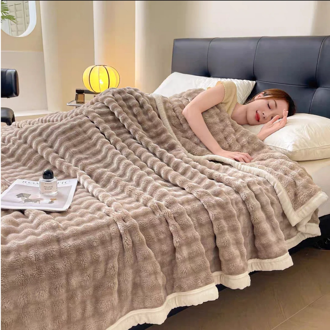 2.3*2米【卡其兔兔泡泡床盖毯】高克重立体提花仿兔毛毯被feb14th
