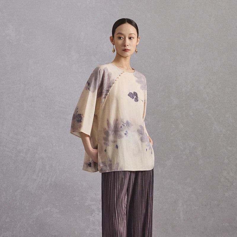 【官旗】Naivee/纳薇夏新款新中式莱赛尔斜襟珠扣衬衫上衣244245625