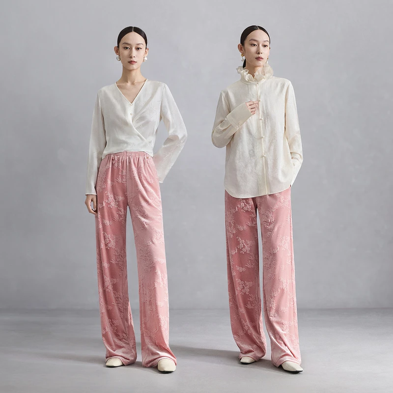 Naivee/纳薇郭【达人】新中式丝绒雕花休闲裤直筒裤长裤248151419