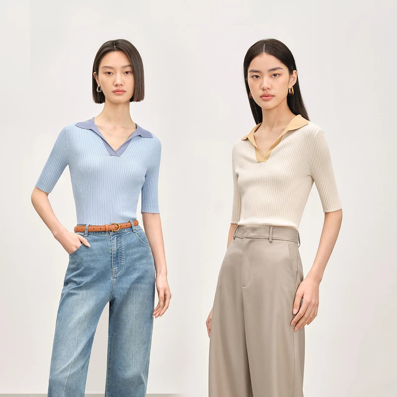 Naivee/纳薇【达人】夏新款美式舒弹撞色领针织小上衣2332917X2