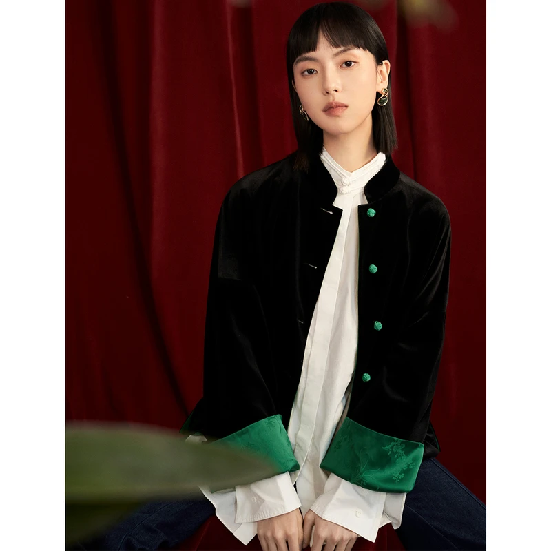 Naivee/纳薇【CC专属】新中式款两穿国潮丝绒缎外套23F736932