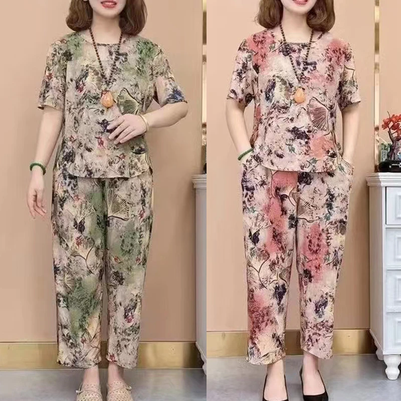 夏季新款妈妈装时尚冰丝弹力套装宽松显瘦休闲洋气质九分裤两件套